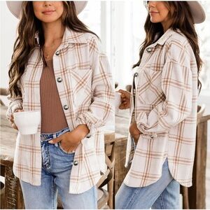 Plaid beige flannel oversized shacket